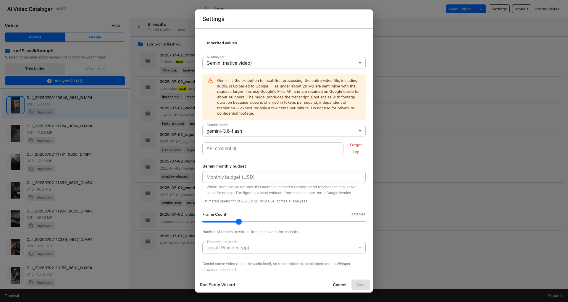 The Settings dialog showing inherited configuration values, frame count, transcription mode and whisper model