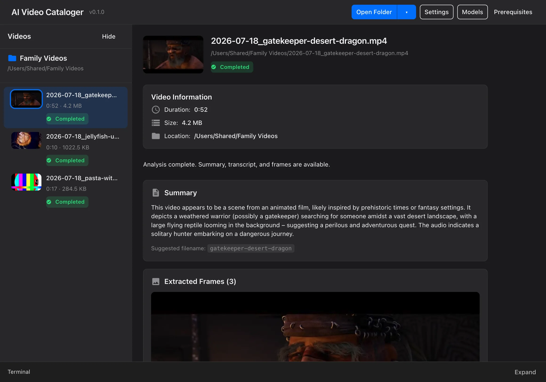 AI Video Cataloger app window