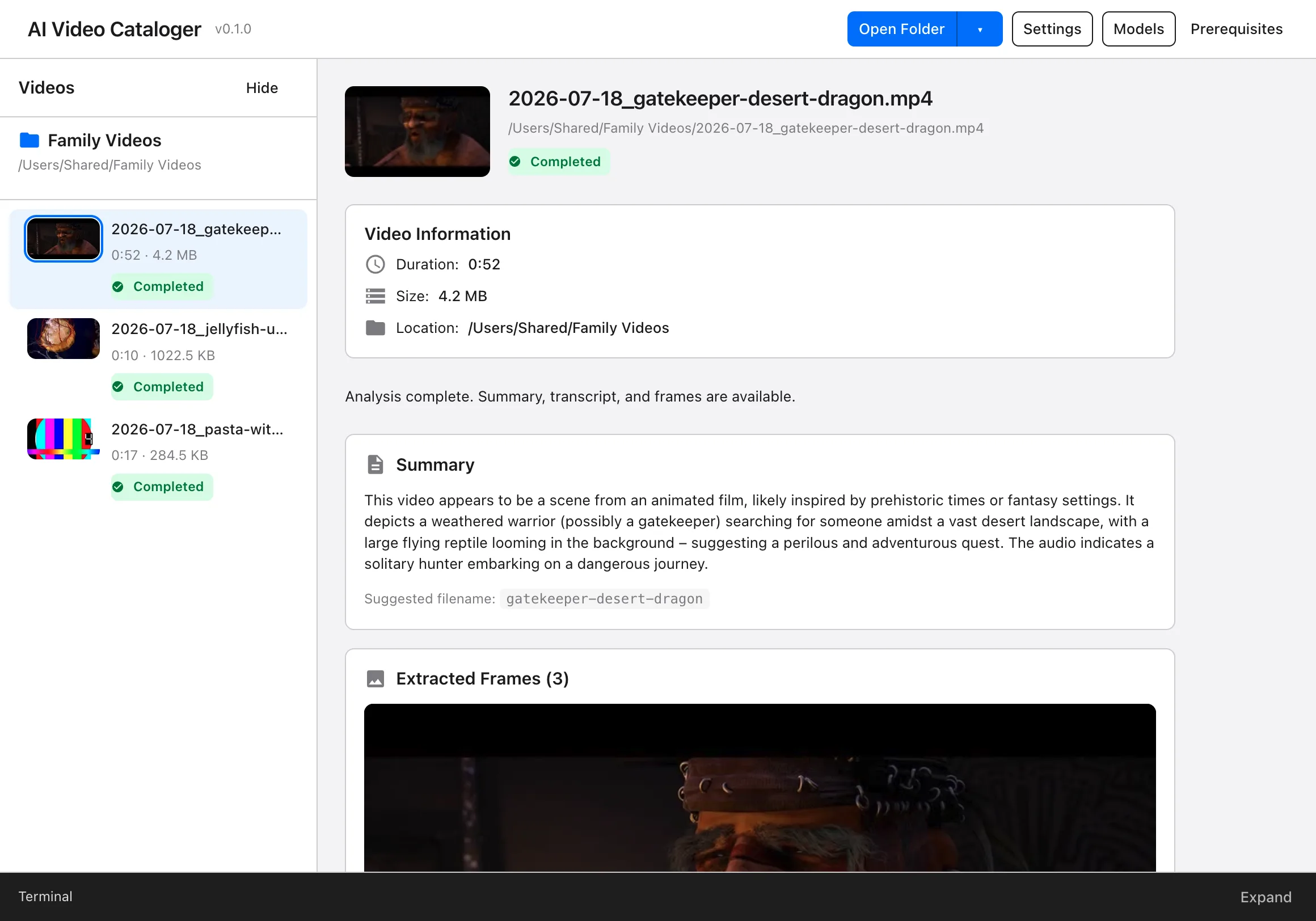 AI Video Cataloger app window